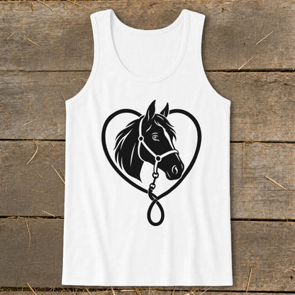 A white tank top with a black graphic of a horse head inside a heart shape.