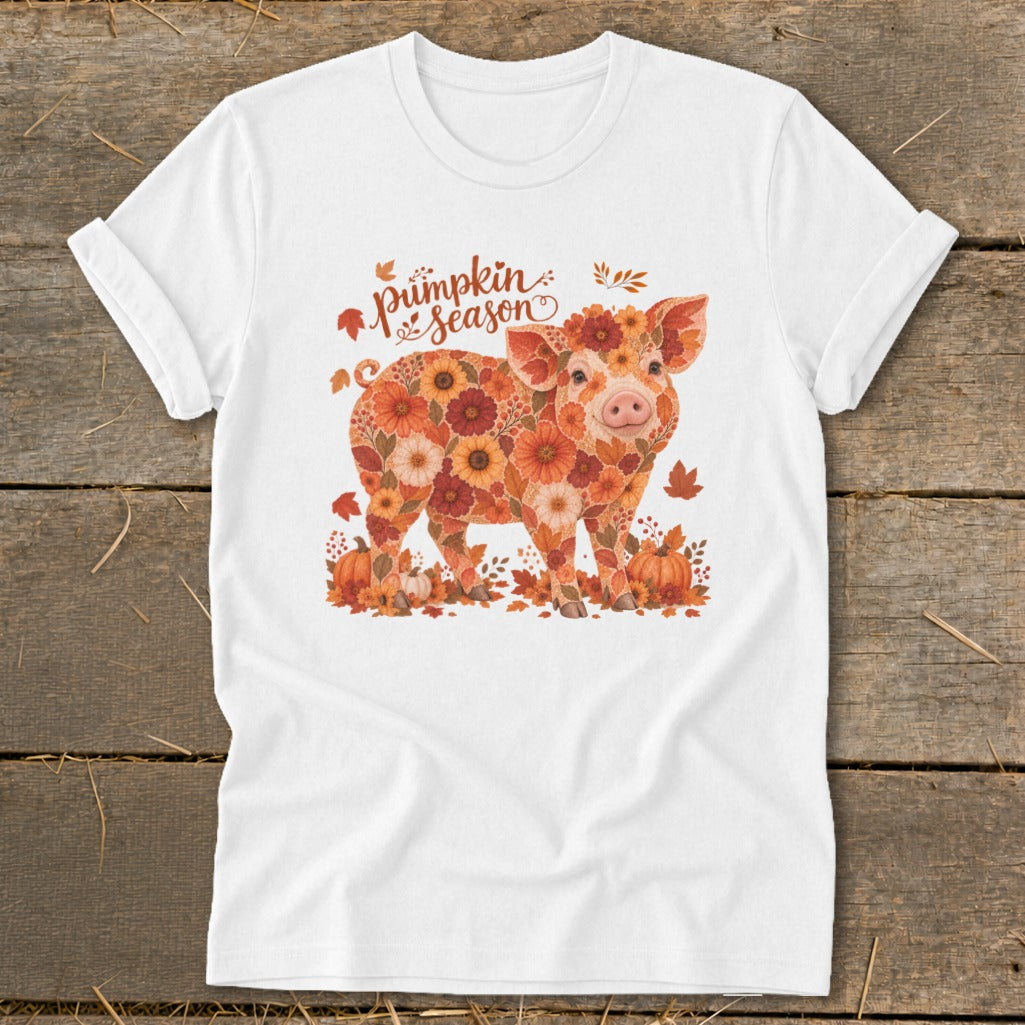White t-shirt with a floral pig graphic and text that says "Pumpkin Season."