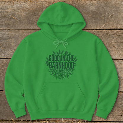 Green hoodie with "Good in the Barnhood" text and root graphic.