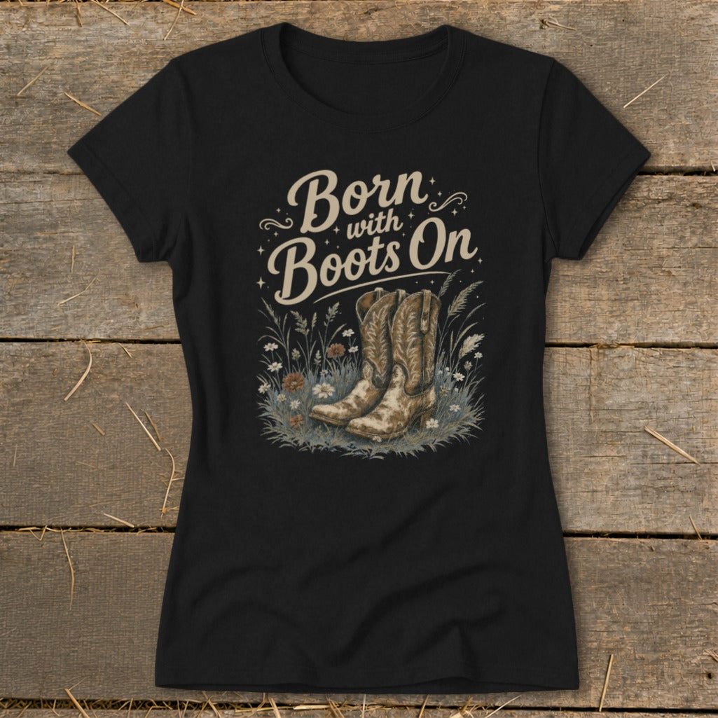 Black t-shirt with "Born with Boots On" text and cowboy boots illustration.