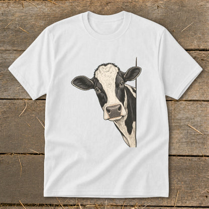 Black and white cow peeking around a corner on a white t-shirt.