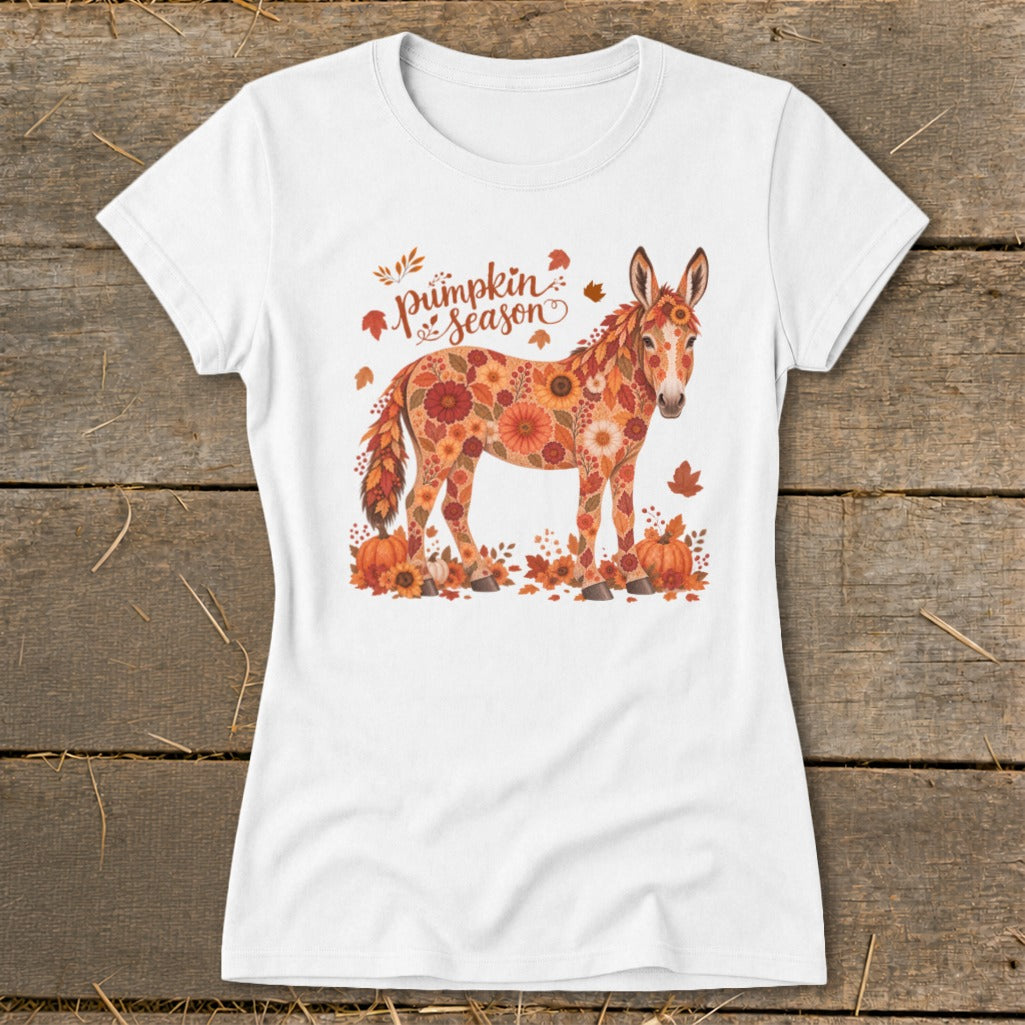 Donkey with floral pattern on white t-shirt with "Pumpkin Season" text.