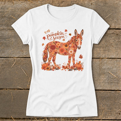 Donkey with floral pattern on white t-shirt with "Pumpkin Season" text.