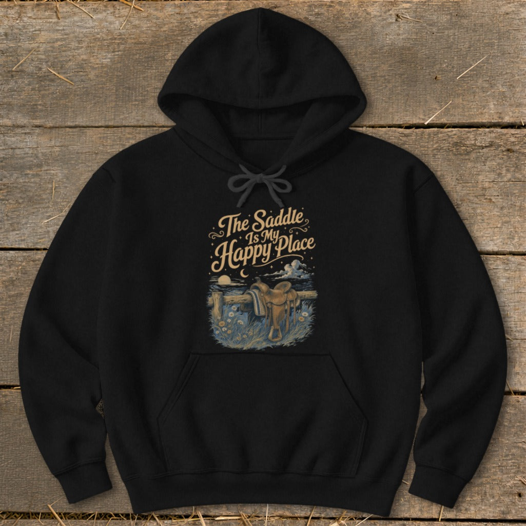 Black hoodie with "The Saddle Is My Happy Place" text and saddle graphic.