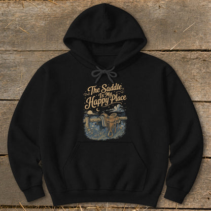 Black hoodie with "The Saddle Is My Happy Place" text and saddle graphic.