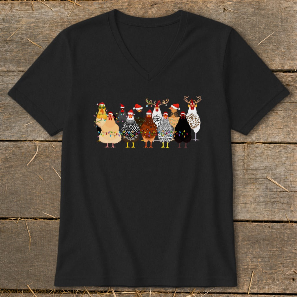 Group of cartoon chickens wearing Santa hats and Christmas lights.