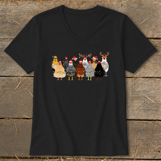 Group of cartoon chickens wearing Santa hats and Christmas lights.