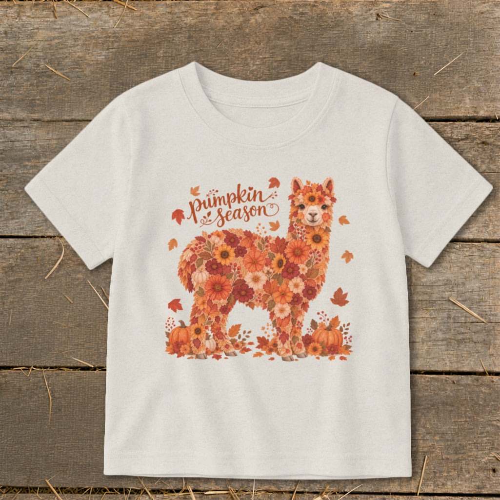 Alpaca made of fall flowers with "Pumpkin Season" text on a t-shirt.