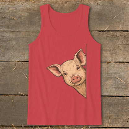 Red tank top featuring a drawing of a smiling pig peeking from the side.