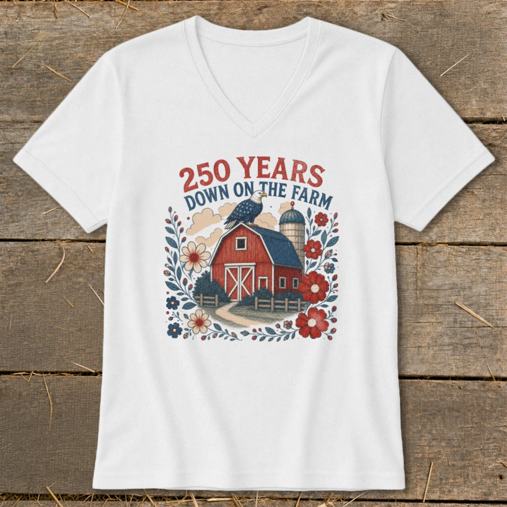 White t-shirt with a graphic of a red barn, silo, eagle, and flowers with text "250 YEARS DOWN ON THE FARM".