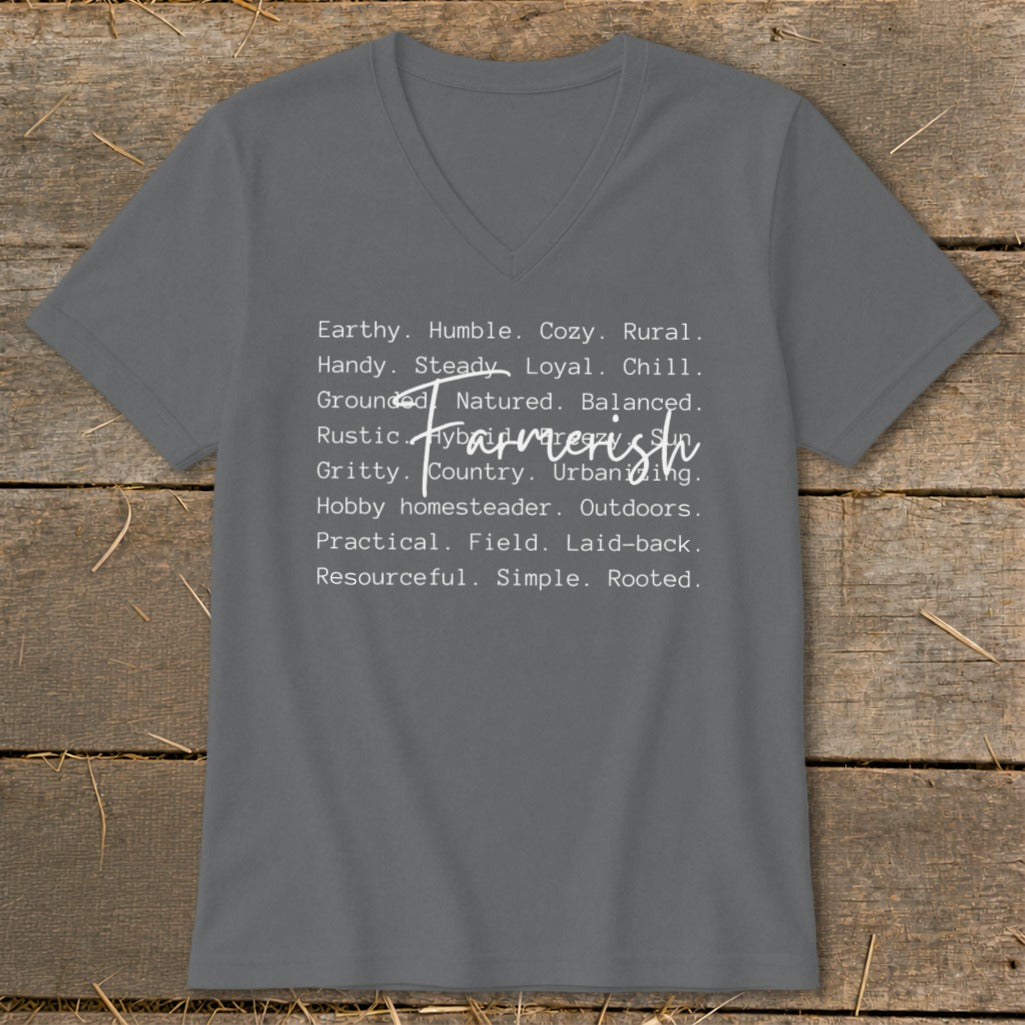 Gray v-neck t-shirt with "Farmerish" and descriptive words in white text.