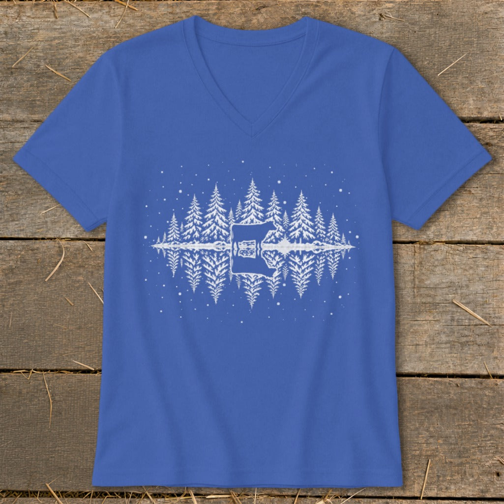 Royal blue v-neck t-shirt with white winter forest and moose reflection graphic.