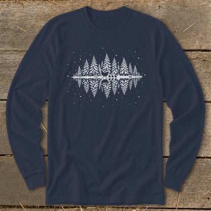 Navy long sleeve shirt with a white pine tree reflection graphic.