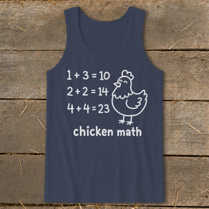 Navy tank top with a cartoon chicken and "chicken math" text.