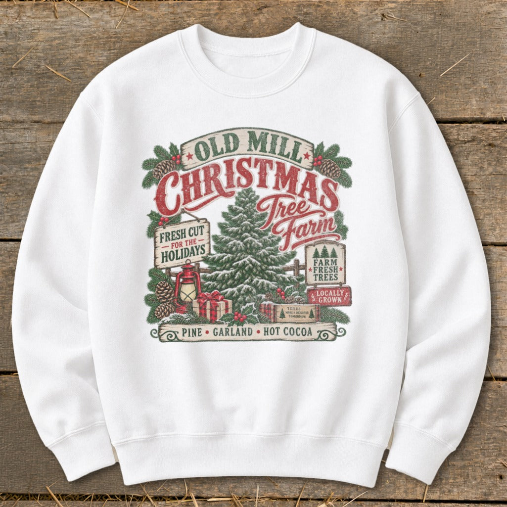 Christmas Tree Farm graphic on white sweatshirt with rustic design.