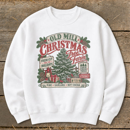 Christmas Tree Farm graphic on white sweatshirt with rustic design.