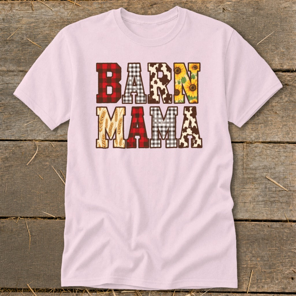 Pink t-shirt with "BARN MAMA" text in patterned letters.