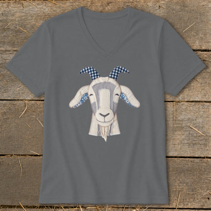 Grey v-neck t-shirt with a stitched goat face applique.