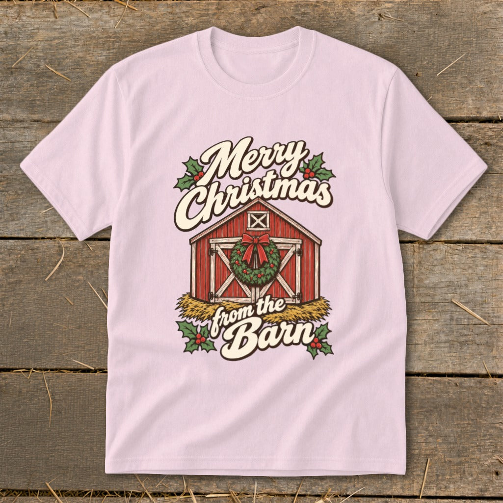 Pink t-shirt with a red barn graphic saying "Merry Christmas from the Barn".