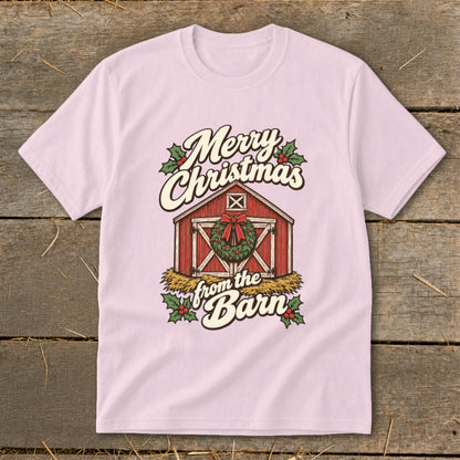 Pink t-shirt with a red barn graphic saying "Merry Christmas from the Barn".