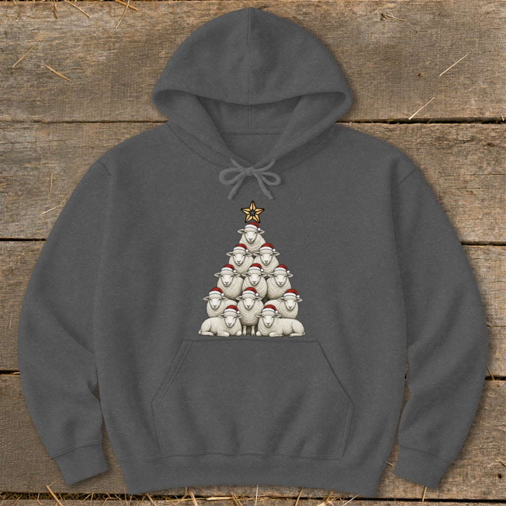 Dark gray hoodie featuring a Christmas tree made of sheep wearing Santa hats.