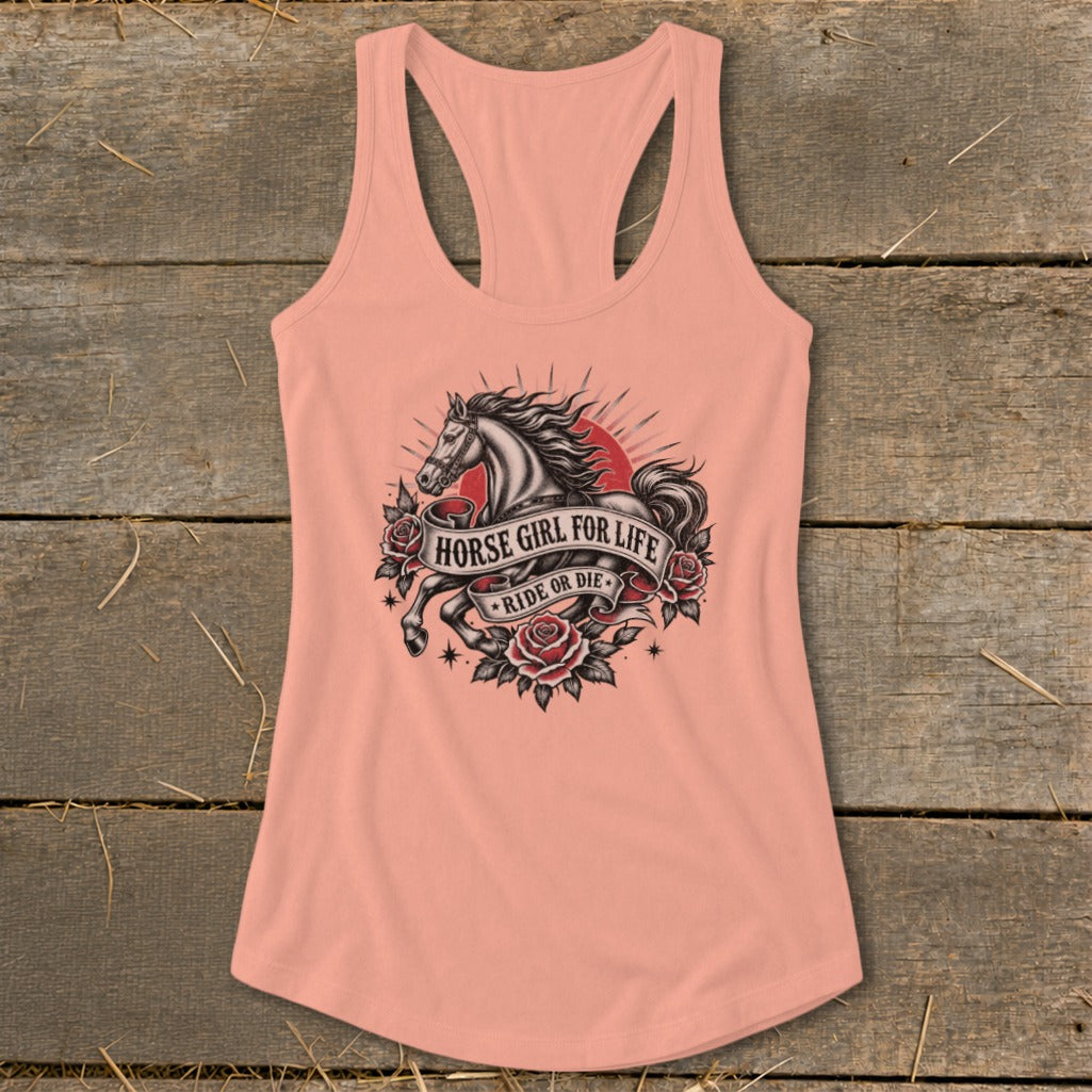 Peach tank top with horse graphic and text "HORSE GIRL FOR LIFE" and "RIDE OR DIE".
