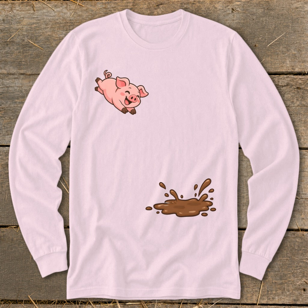 Pink long-sleeve shirt with a cartoon pig jumping in a mud puddle graphic.