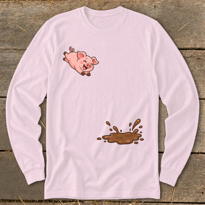 Pink long-sleeve shirt with a cartoon pig jumping in a mud puddle graphic.