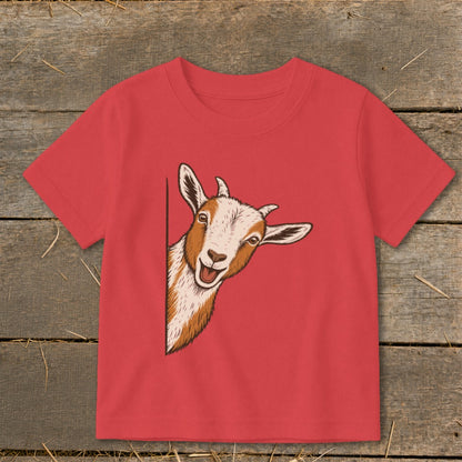 Red t-shirt with a cartoon goat peeking from the side.