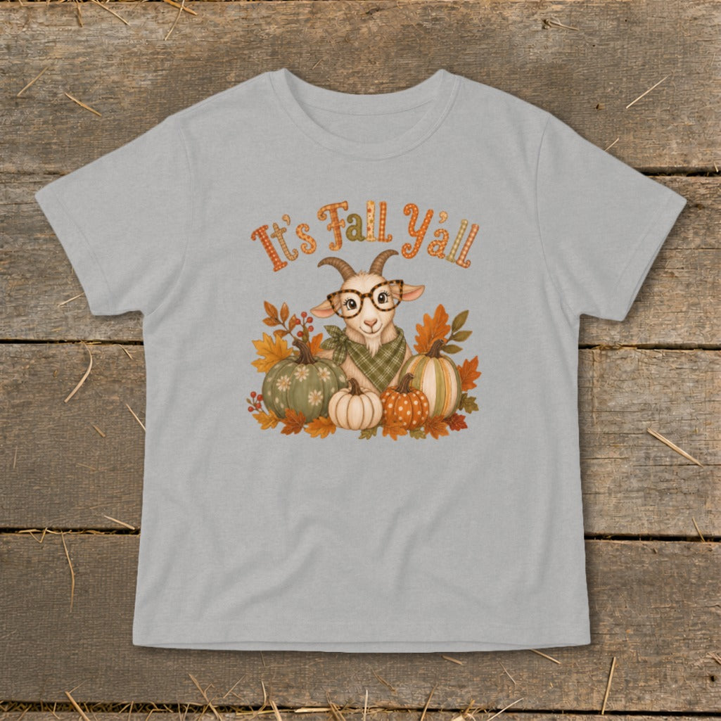 Light grey t-shirt with graphic of a goat, pumpkins, and "It's Fall Y'all" text.