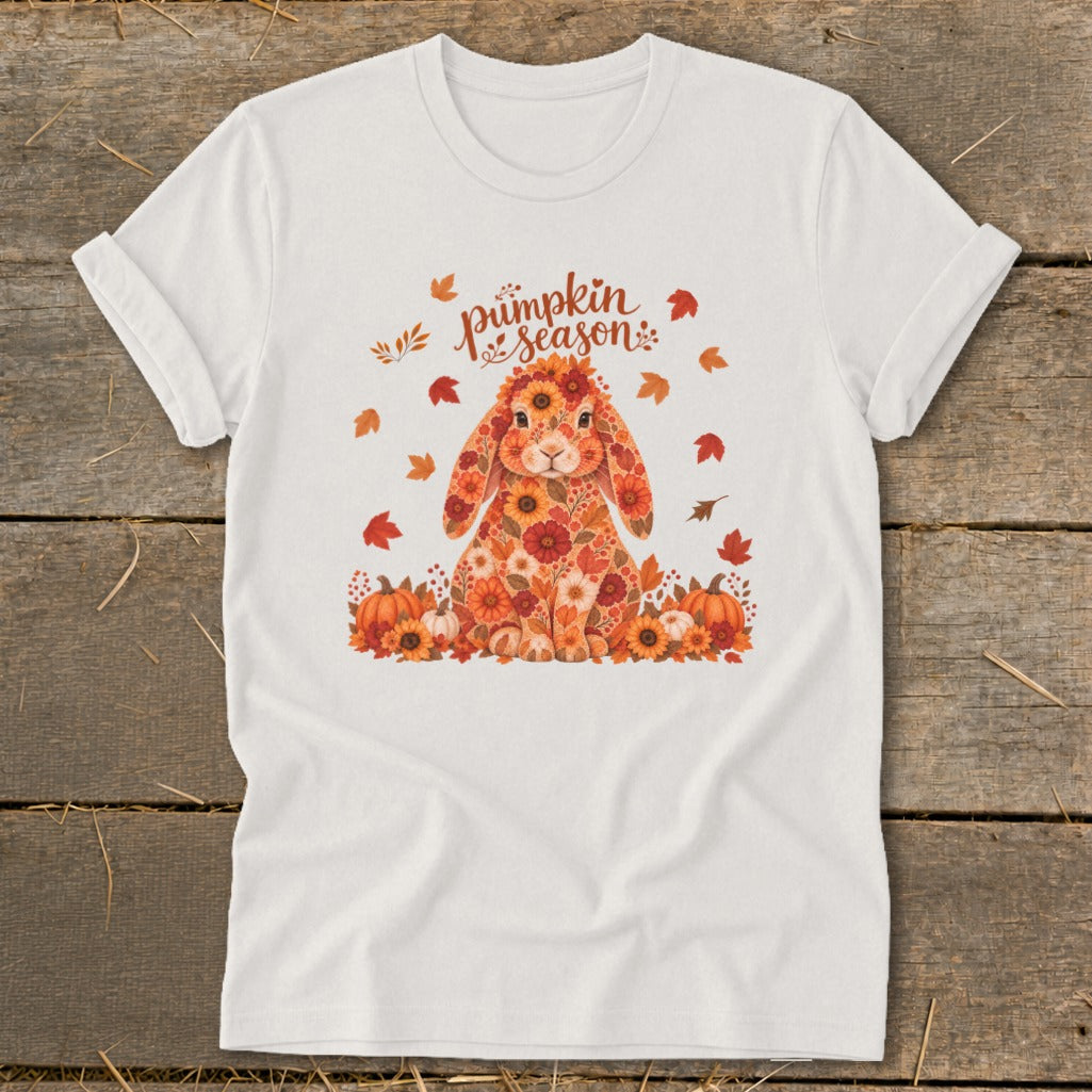White t-shirt with a floral bunny, pumpkins, and autumn leaves, reading "pumpkin season".