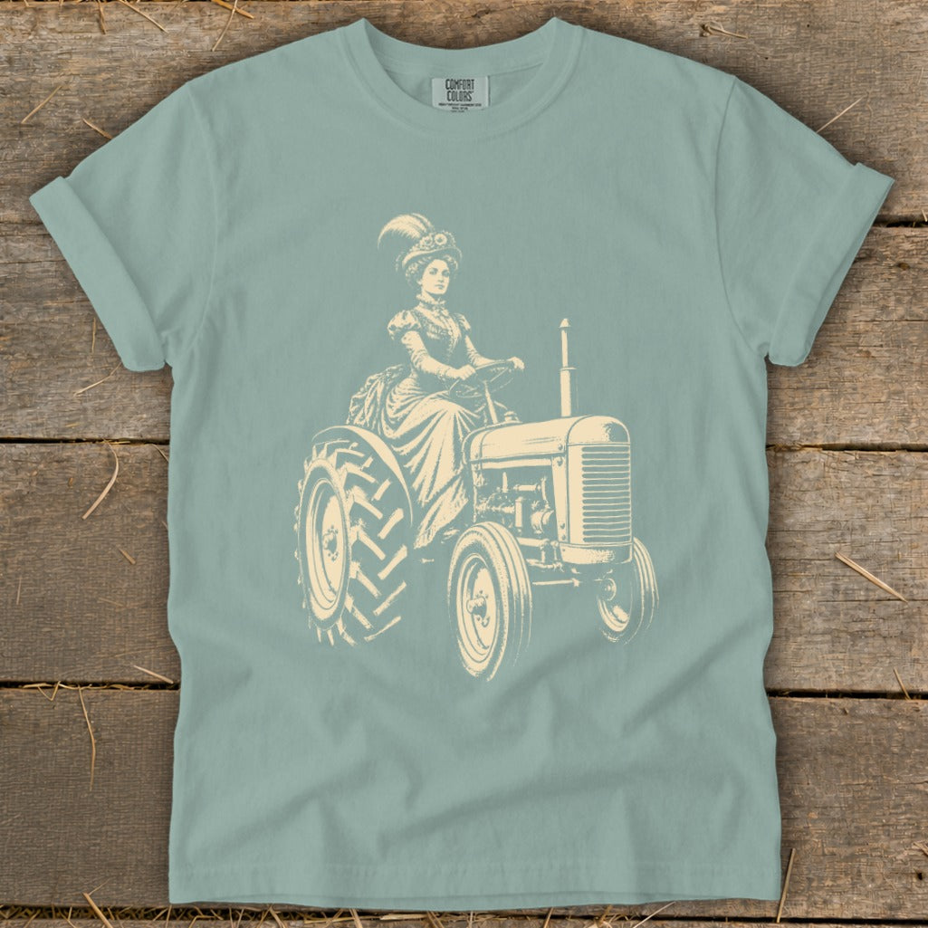 Illustration of a woman in vintage attire driving a tractor.