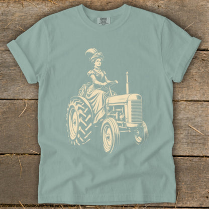 Illustration of a woman in vintage attire driving a tractor.