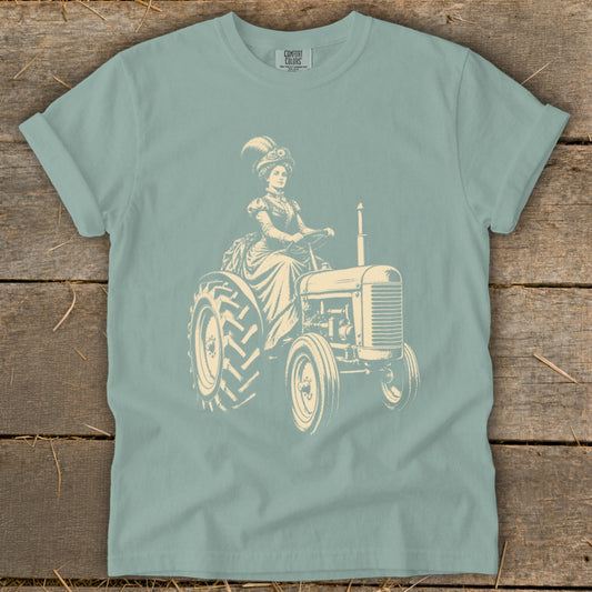 Illustration of a woman in vintage attire driving a tractor.