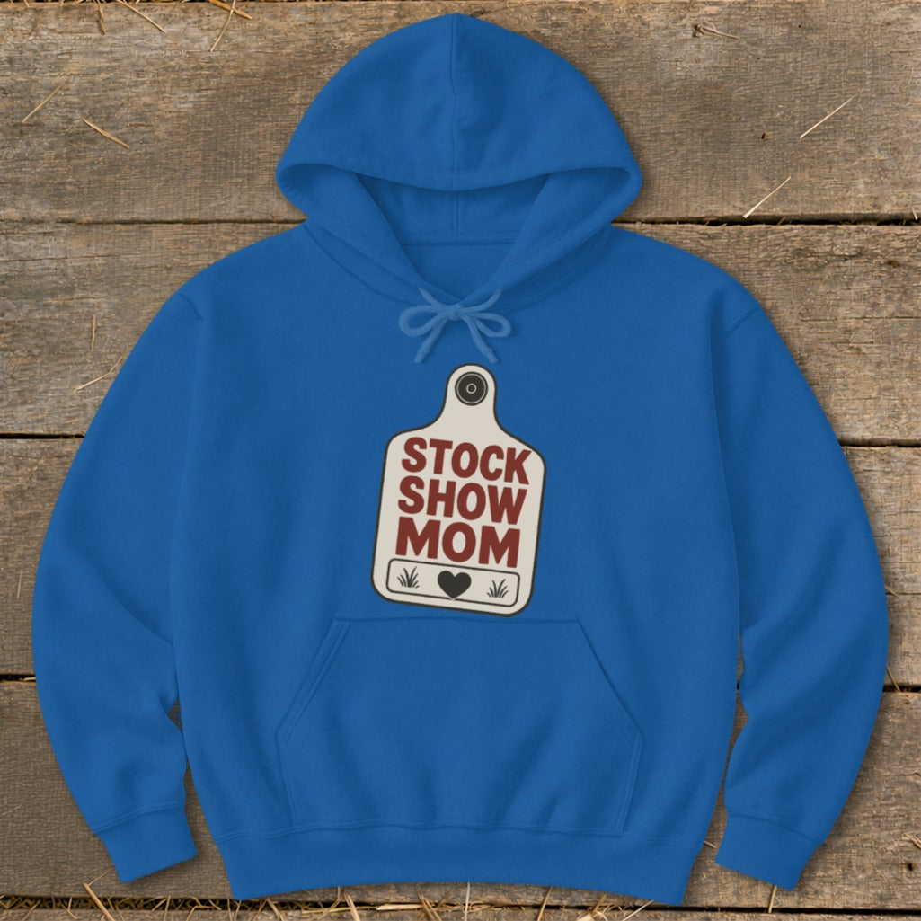 Blue hoodie with "STOCK SHOW MOM" text and a heart on a tag graphic.