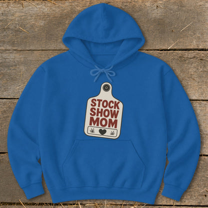 Blue hoodie with "STOCK SHOW MOM" text and a heart on a tag graphic.
