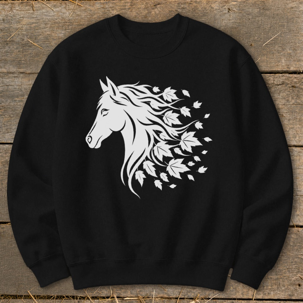 Black sweatshirt with a white horse head and maple leaves design.