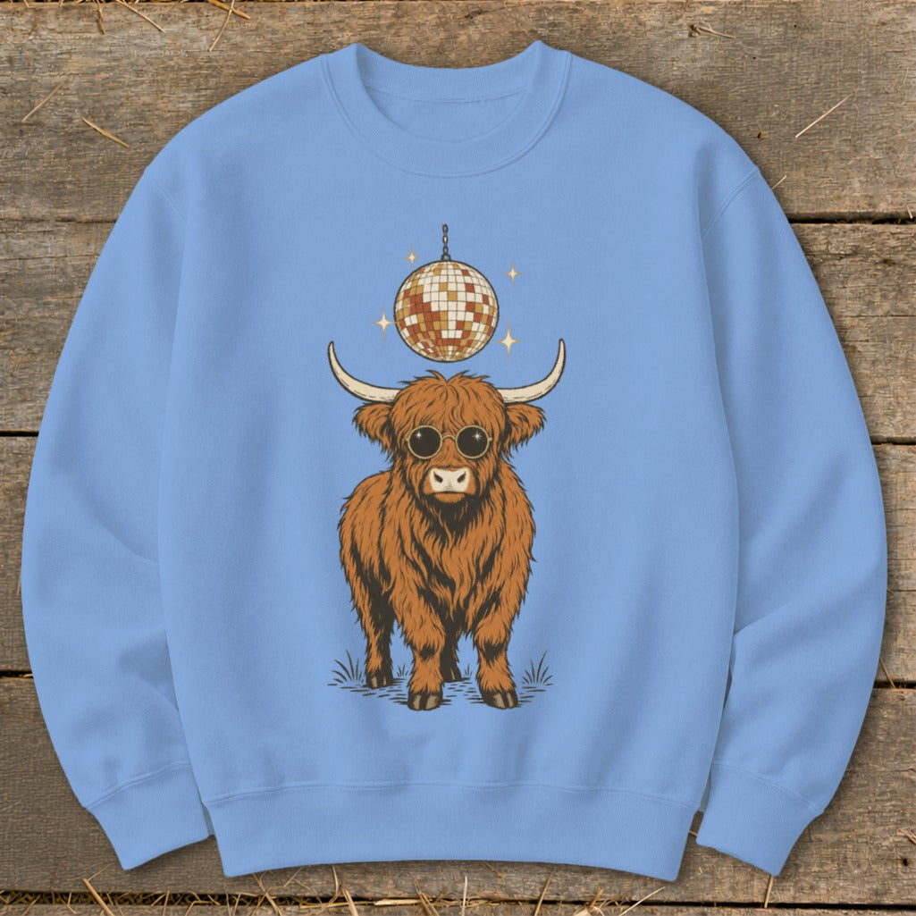 Brown Highland cow wearing sunglasses under a disco ball.