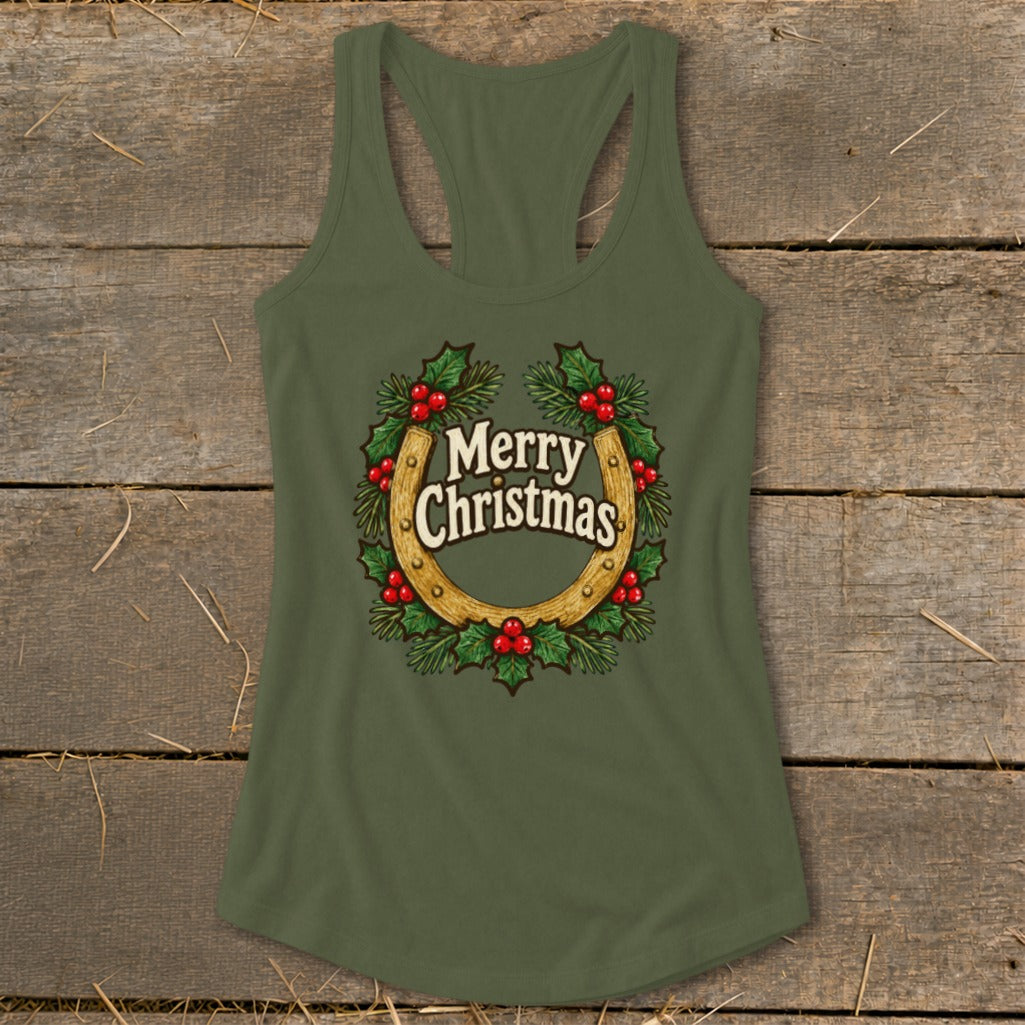 Olive green tank top with horseshoe wreath graphic and "Merry Christmas" text.
