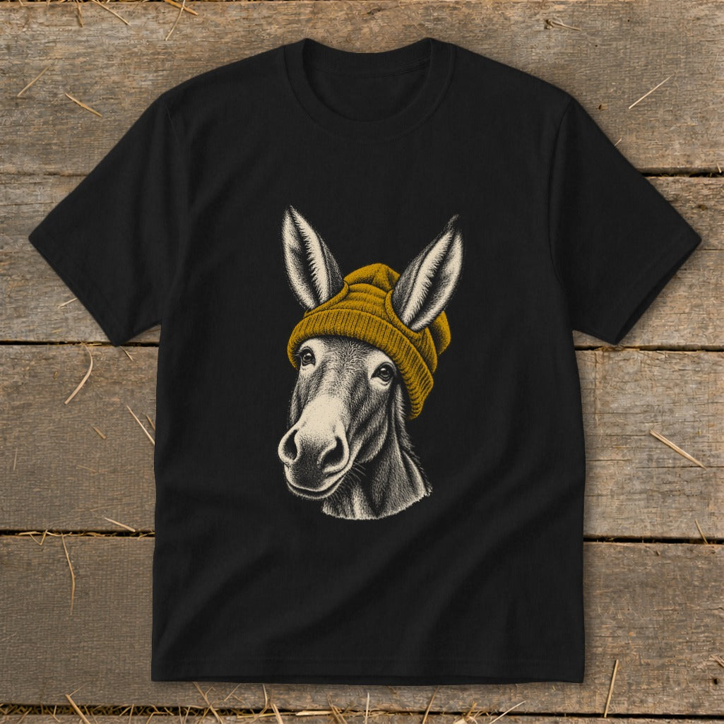 Black t-shirt with illustration of a donkey wearing a yellow beanie hat.