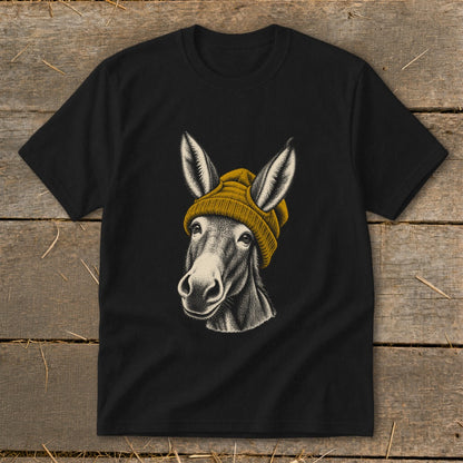 Black t-shirt with illustration of a donkey wearing a yellow beanie hat.