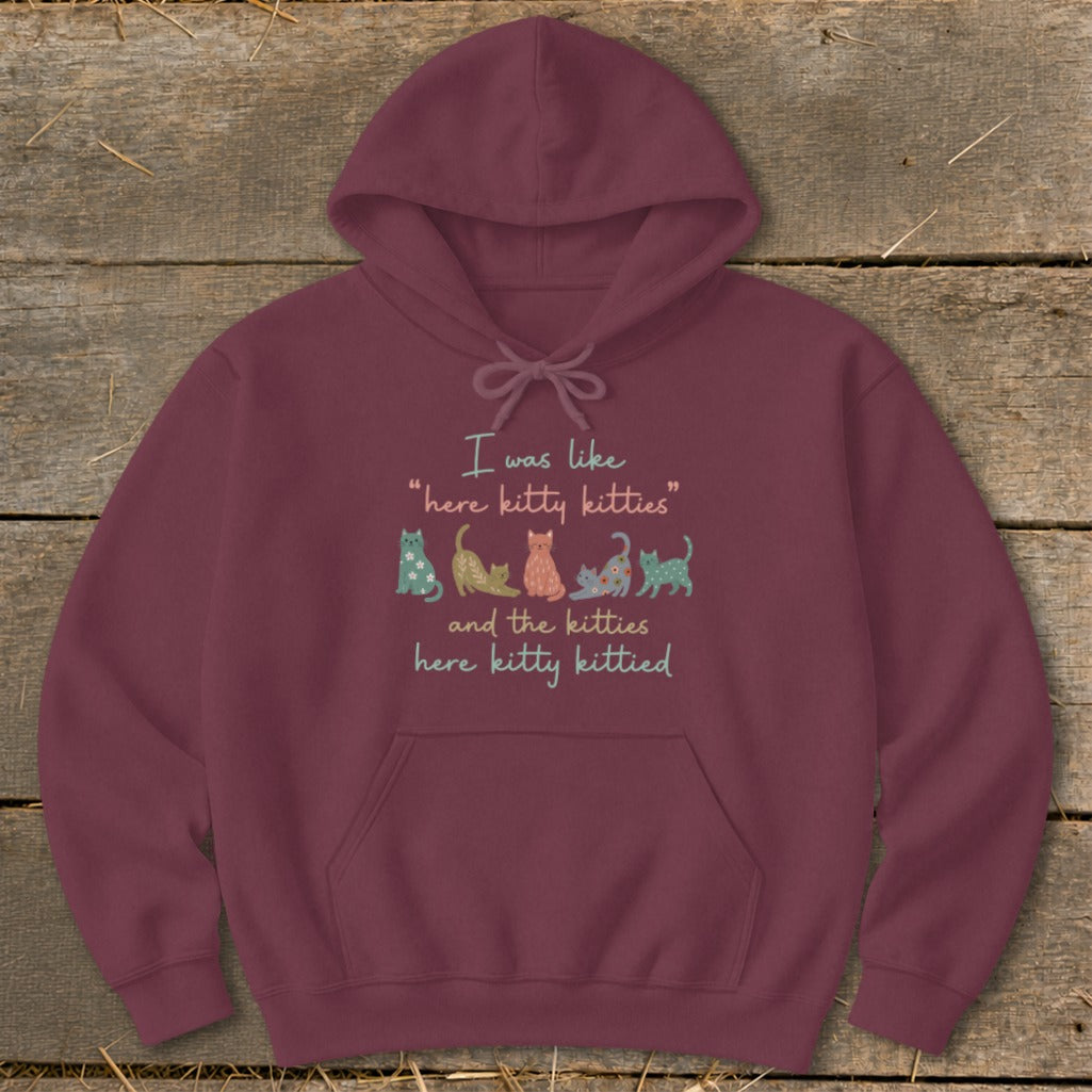 Maroon hoodie with text "I was like 'here kitty kitties' and the kitties here kitty kittied" and cartoon cats.
