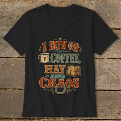Black v-neck t-shirt with text "I RUN ON COFFEE, HAY AND CHAOS" and graphics.