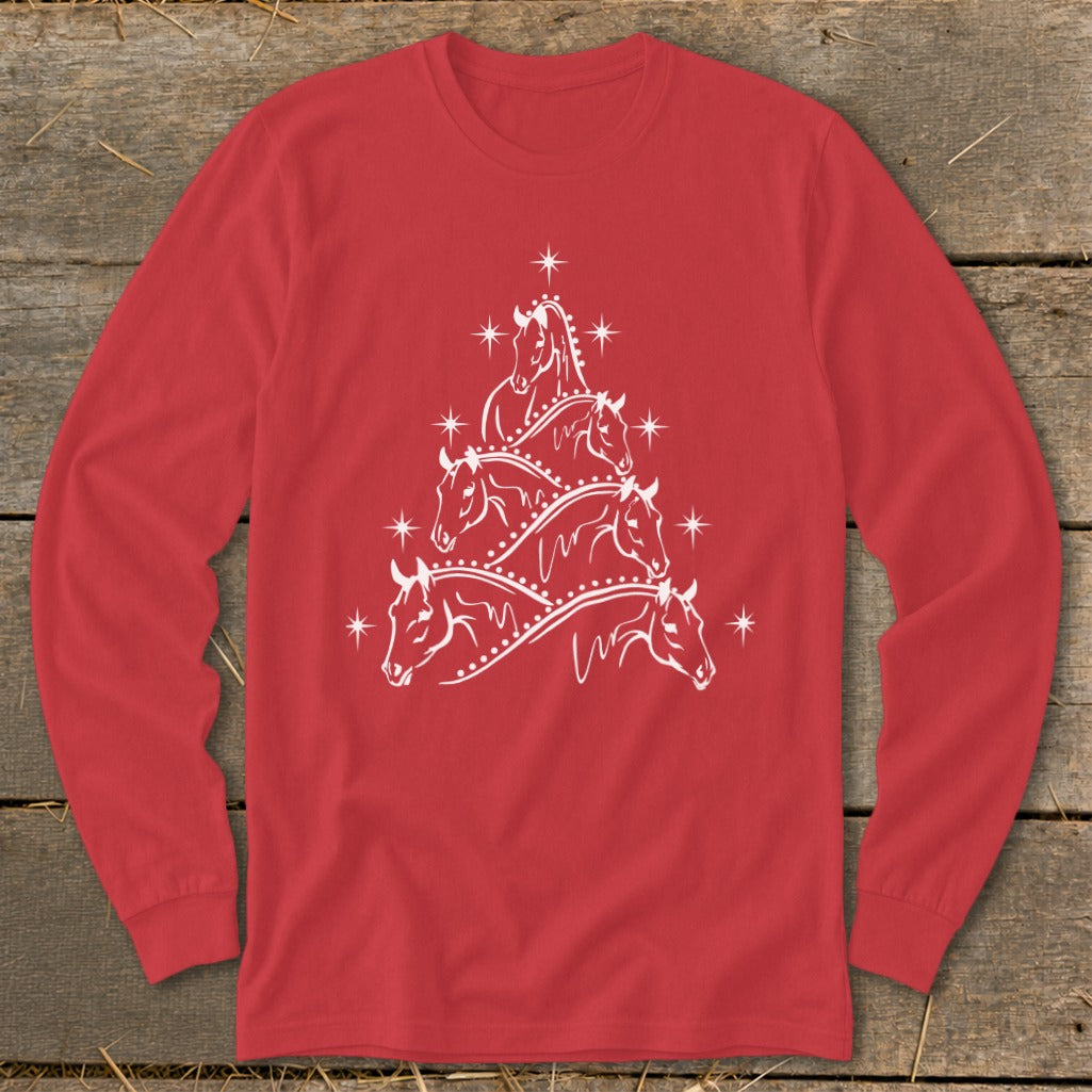 Red long-sleeve shirt with white horse Christmas tree graphic.