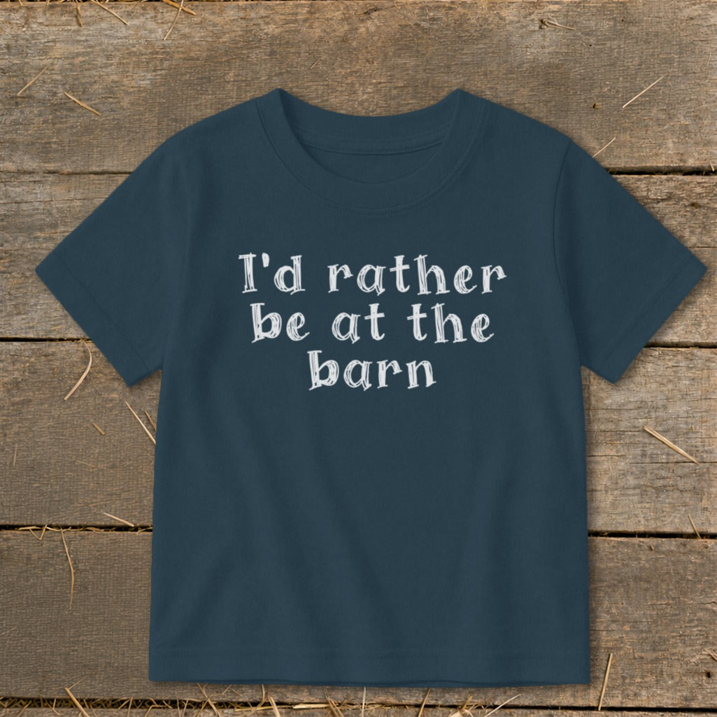 Navy t-shirt with white text "I'd rather be at the barn".