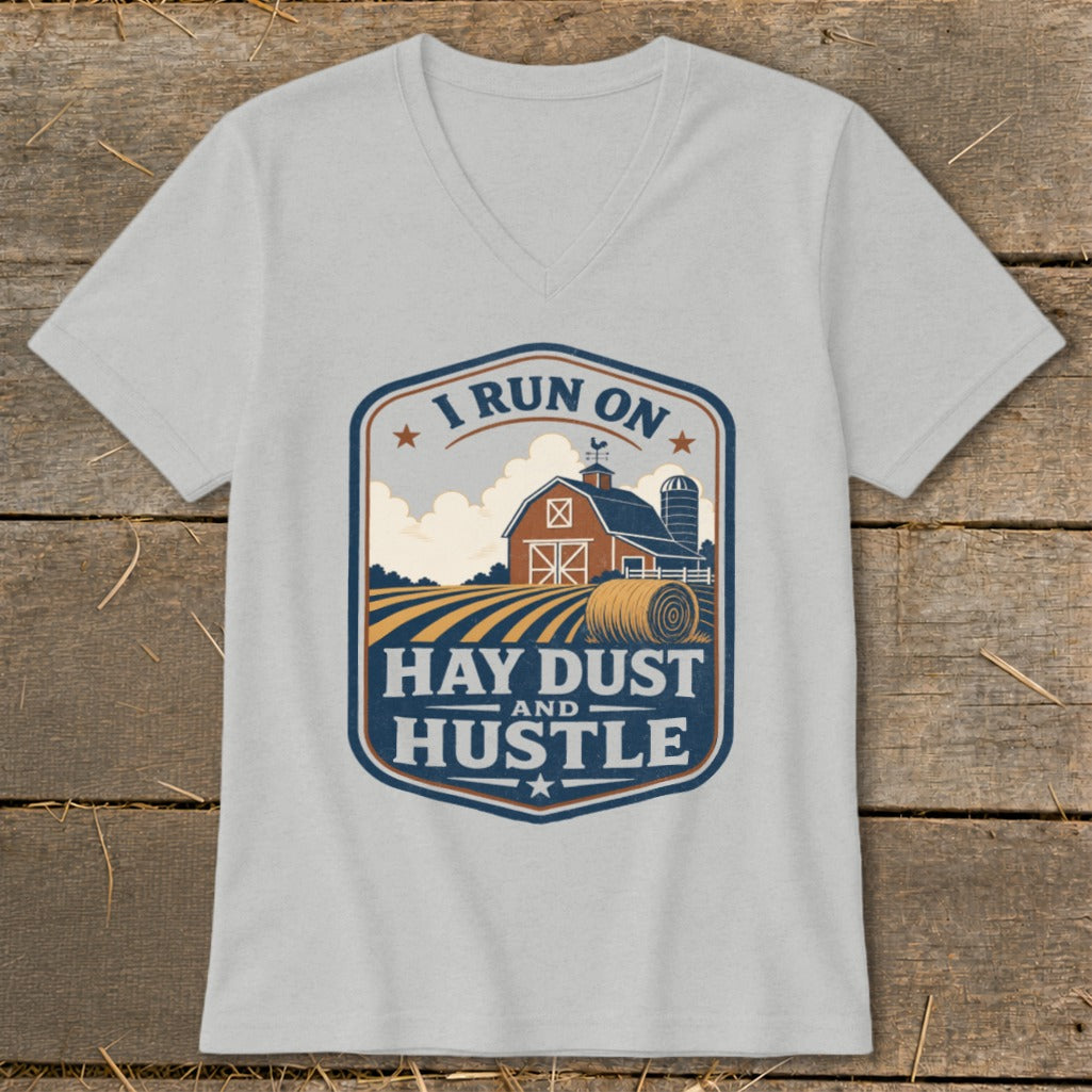 Gray t-shirt with a farm scene and text "I RUN ON HAY DUST AND HUSTLE".