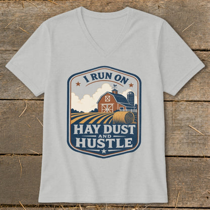 Gray t-shirt with a farm scene and text "I RUN ON HAY DUST AND HUSTLE".