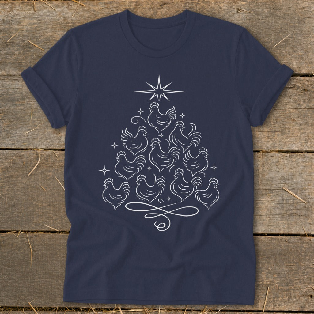 Navy t-shirt with white line art of chickens forming a Christmas tree shape.