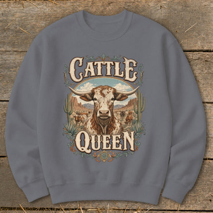 Crewneck sweatshirt with "Cattle Queen" text and a Texas Longhorn cow illustration.