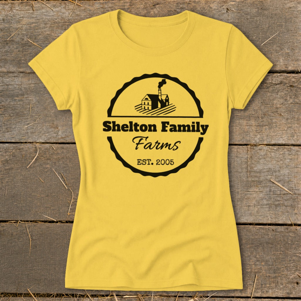 Yellow t-shirt with Shelton Family Farms logo and Est. 2005.